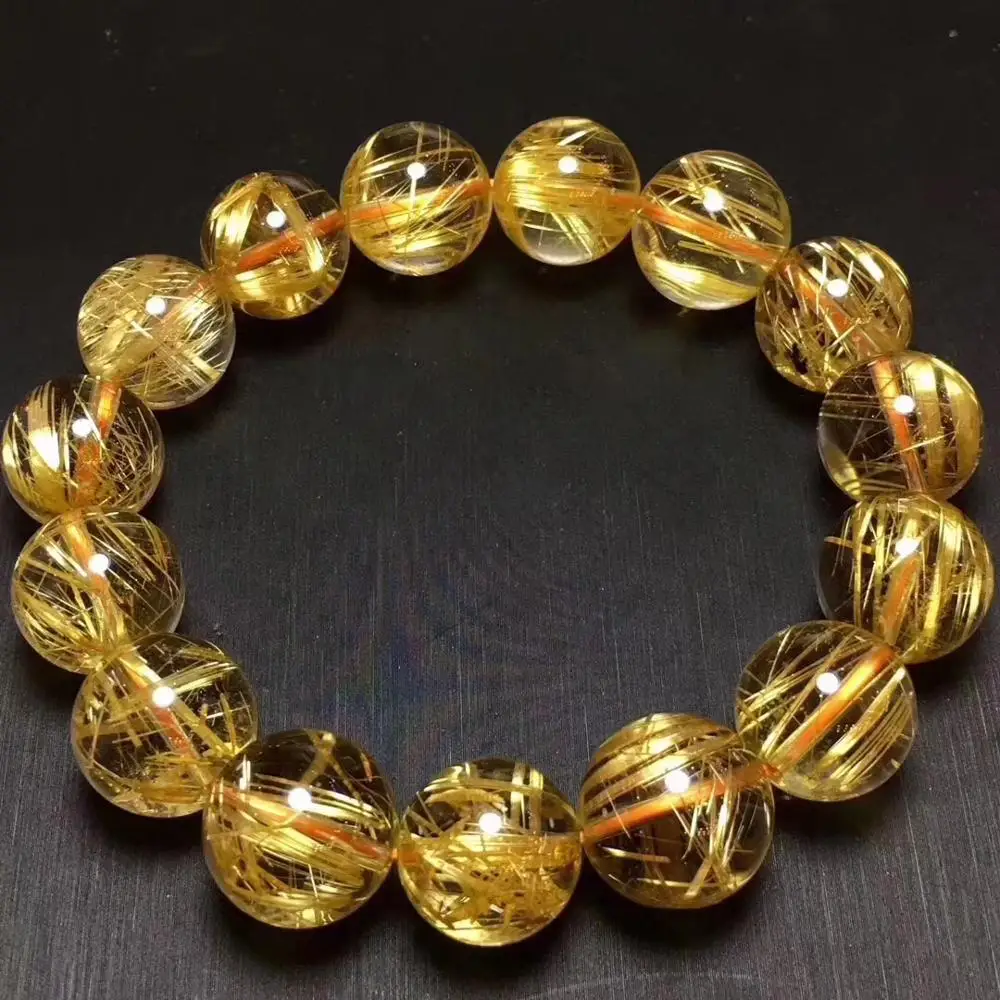 

13.5mm Natural Brazil Gold Rutilated Titanium Quartz Bracelet Woman Man Wealthy Clear Round Beads Crystal Jewelry AAAAAA
