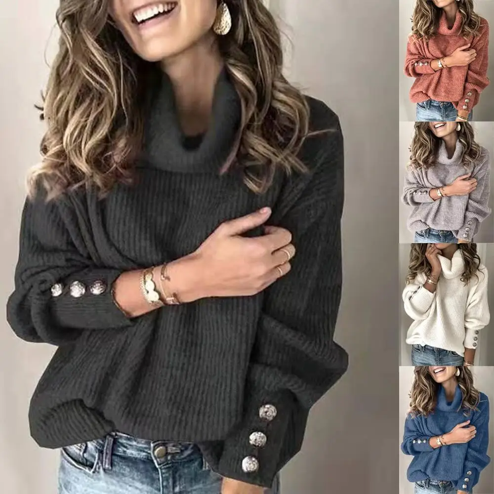 

3XL 4XL 5XL Plus Size Women's Turtleneck Sweater Solid Color Loose Women Jumper With Buttons Casual Ladies Sweater Female 2020