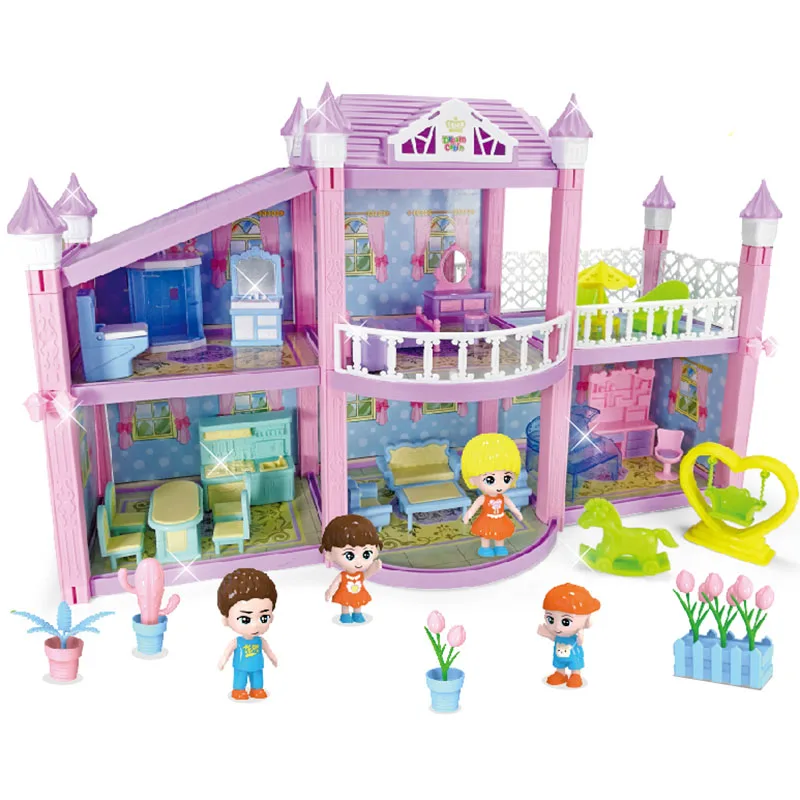 Baratos Nueva muñeca de la familia DIY casa muñecas accesorios de juguete con muebles en miniatura garaje ensamblar muñeca casa juguetes para niñas regalo de cumpleaños