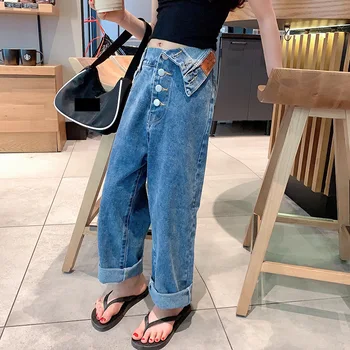 

Girls 2020 Autumn Children Jeans Pants Fashion Streetwear Design Denim Wide Leg Daddy Pants Buttons High Waist Kids 3-12 yrs