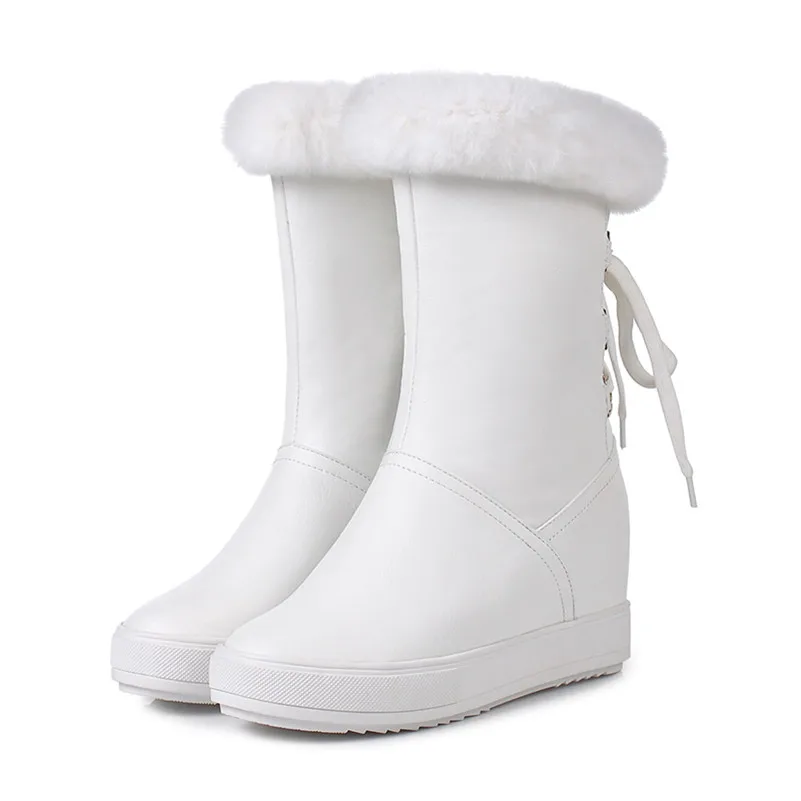 Meotina Women Boots Winter Snow Boots Real Fur Height Increasing Heel Mid Calf Boots Warm Plush Round Toe Shoes Lady Size 34-39 - Цвет: Белый