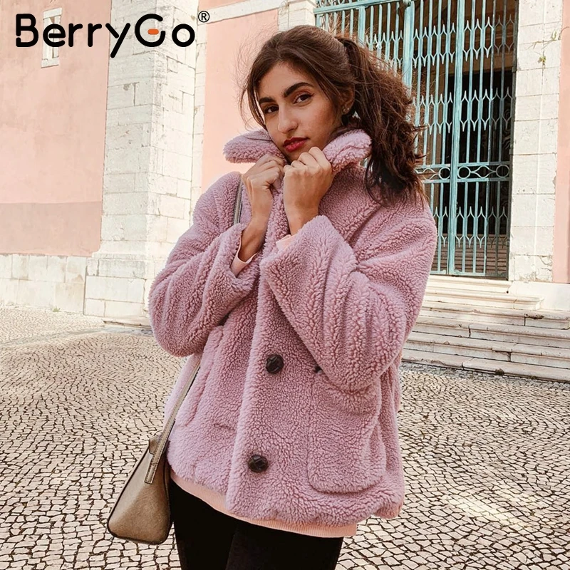 BerryGo Элегантное зимнее пальто из искусственного меха женская мягкая Осенняя розовая куртка теплые пальто повседневная верхняя одежда с длинным рукавом женские куртки