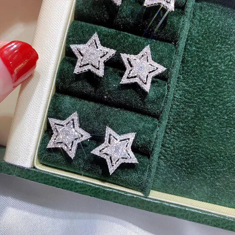 Huitan Brilliant Crystal Star Earrings Women Full Paved White Cubic Zirconia Simple Stylish Earring Versatile Fashion Jewelry