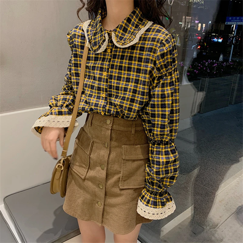 

Plaid Doll Collar Blouse Shirt Female Ruffle Lace Stitching Puff Sleeve Plaid Shirt Autumn New Korean Sweet Women Tops