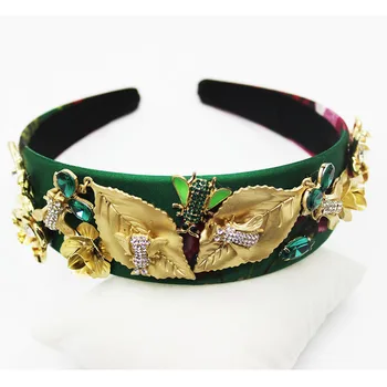 

Luxury Crown Black velvet Gold Flower Bridal Tiara green big Gem Headband Hair jewelry Accessories hotsale Shining women hoops