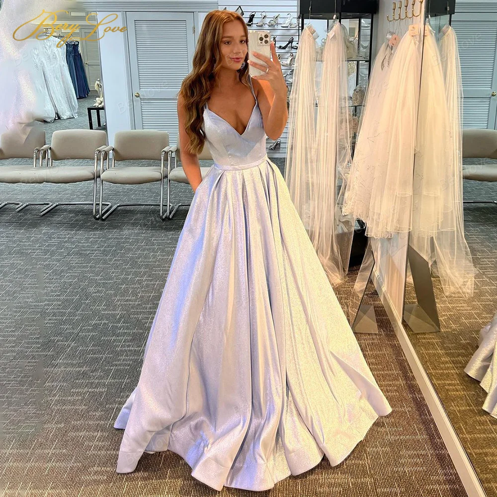 

Berylove Sexy Shiny Evening Dresses A Line Long Prom Dress Spaghetti Strap Formal Evening Gowns Elegant robe de soirée femme