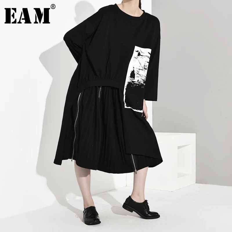 

[EAM] Women Pattern Printed Asymmetrical Big Size T-shirt New Round Neck Long Sleeve Fashion Tide Spring Autumn 2019 1A739