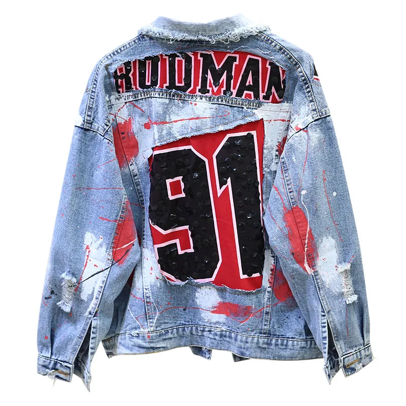 

Denim Jacket Womens Spring Graffiti printed sequins Denim Coat Long Sleeve Pearl Loose Harajuku BF Jeans Jacket Holes Outerwear