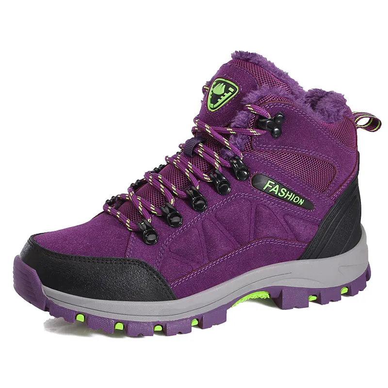 Водонепроницаемые женские ботинки для альпинизма; флисовые теплые зимние ботинки; замшевые походные ботинки средней высоты; нескользящие тактические ботинки - Цвет: PurpleWomenShoes