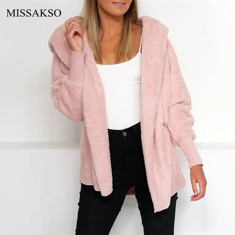 Missakso/худи из искусственного меха, свободное теплое однотонное флисовое плюшевое пальто на молнии, куртка, зимняя женская верхняя одежда больших размеров, толстовка