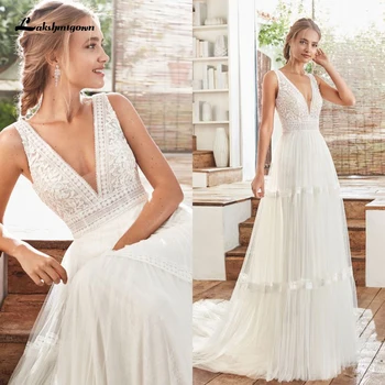 

Simple Bohemian Lace Wedding Dresses V-Neck Sleeveless Summer Beach Bridal Gowns Cheap Vestido De Noiva 2021