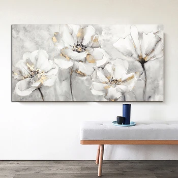 Painting of White and Golden Flowers Printed on Canvas 4