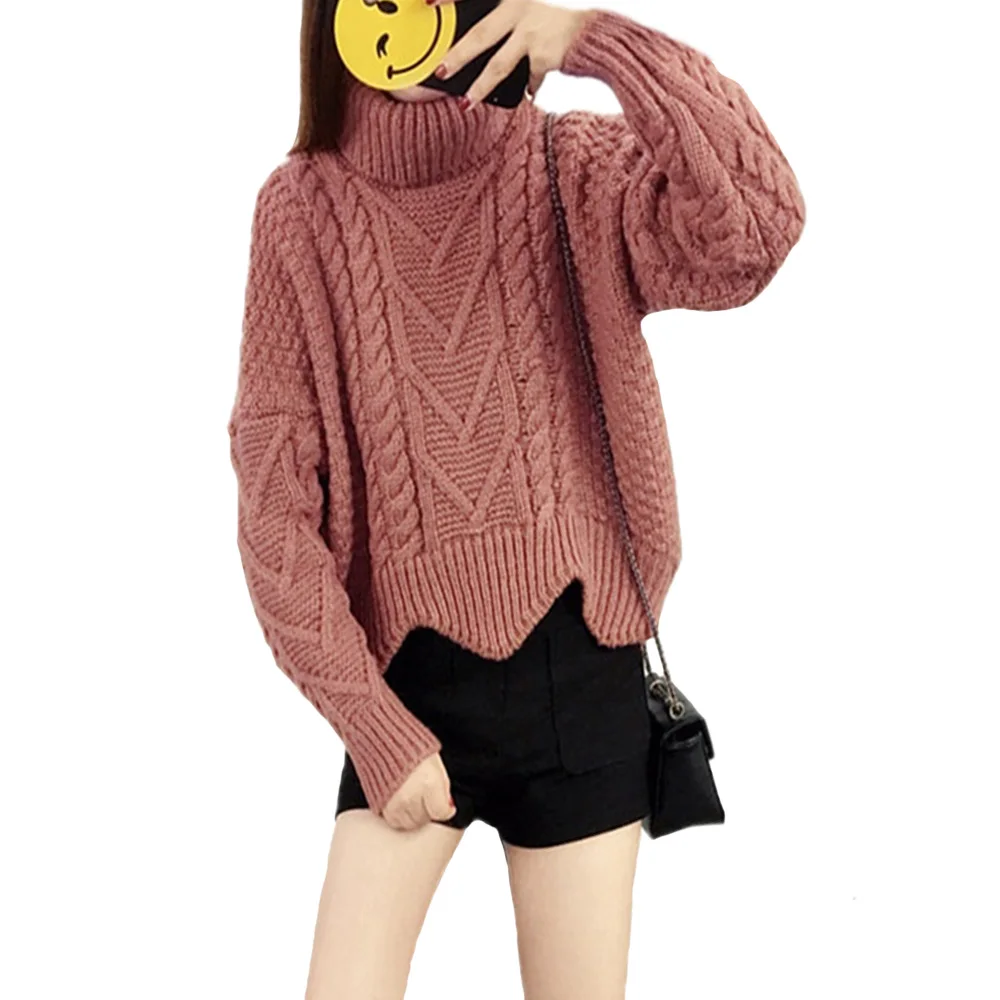 

Women Basic Sweaters Thickened Autumn Winter Tops Korean Style Loose Twist Knitted Short Design Pullover Turtleneck Soft Sweater