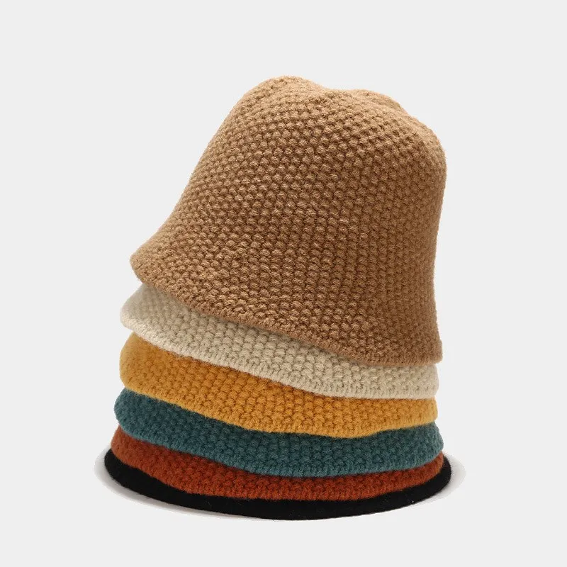 

Oloey Autumn Knitted Basic Warmer Bucket Hats For Women Fashion Handmade Soft Dome Caps Female Solid Elegant Fisherman Hats New