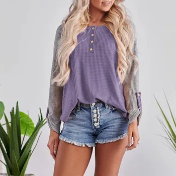 

Autumn Blouse Women Shirt Splice Button Long Sleeve Cowl Neck Knit Lady Pullover Women Tops Wholesale Free Shipблузка женская Z4