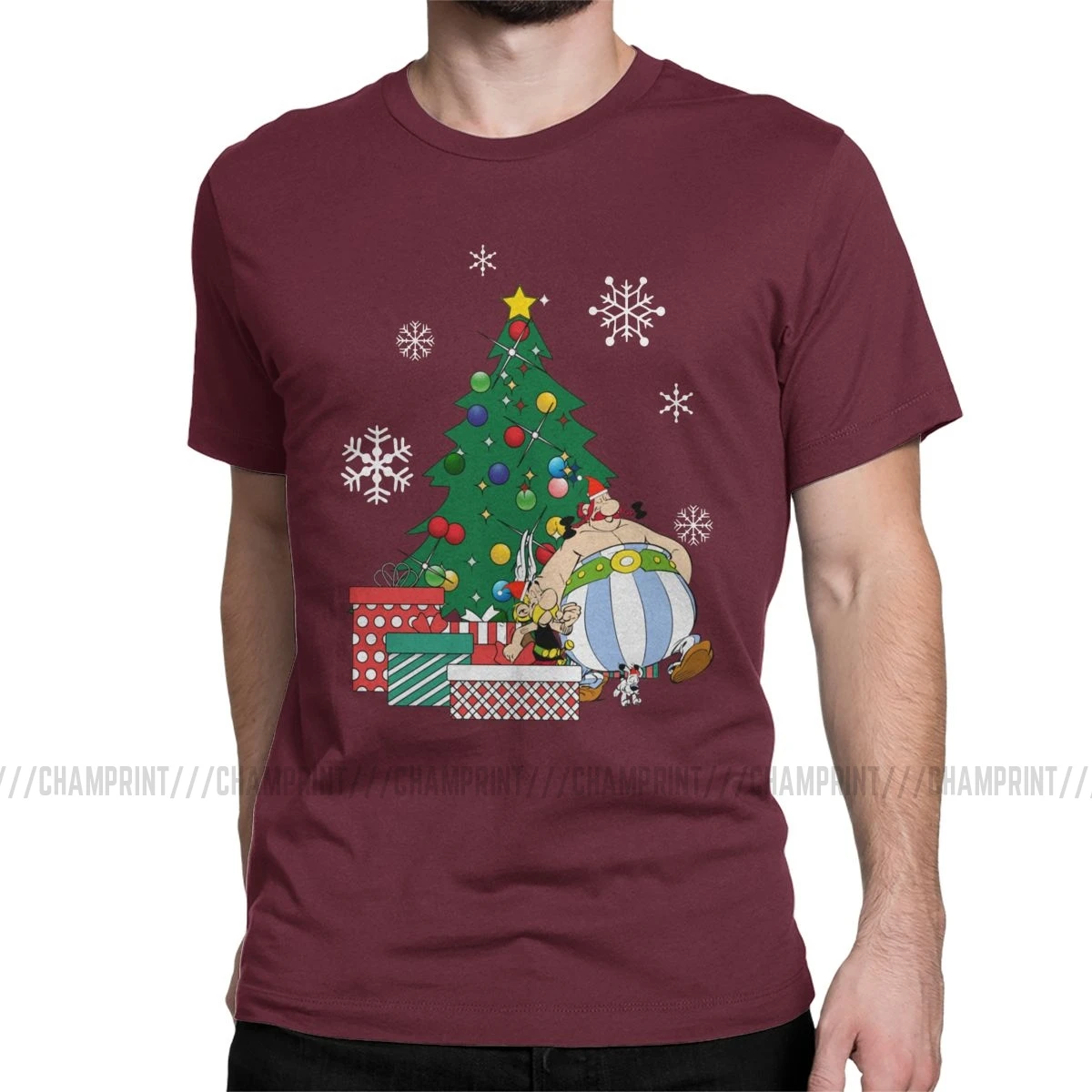 Мужская футболка Астерикс и Обеликс вокруг рождественской елки, хлопковые топы Getafix Dogmatix, футболка с коротким рукавом, подарок на день рождения, футболки - Цвет: Бургундия