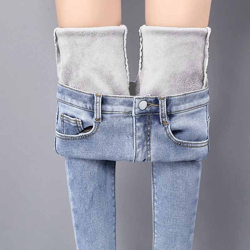 Повседневные Бархатные женские брюки с высокой талией, зимние теплые джинсы для женщин, женские Pantalon джинсы, женские брюки больших размеров 7580 50