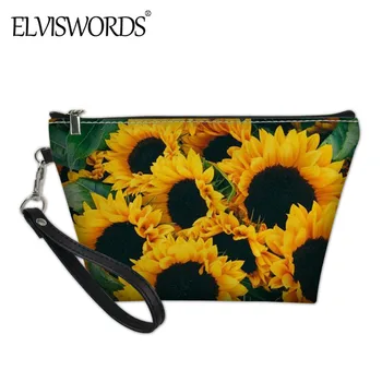 

ELVISWORDS Yellow Sunflowers Pattern Cosmetic Case for Lady Casual PU Leather Makeup bag Zippers Handbag Pouch Case neceser