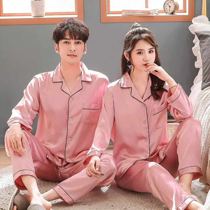 

2019 Spring and Autumn Ice Silk Pajamas Sets Couple Silk Long Sleeve Soft Home Service Suit Couple Family Pajamas Set