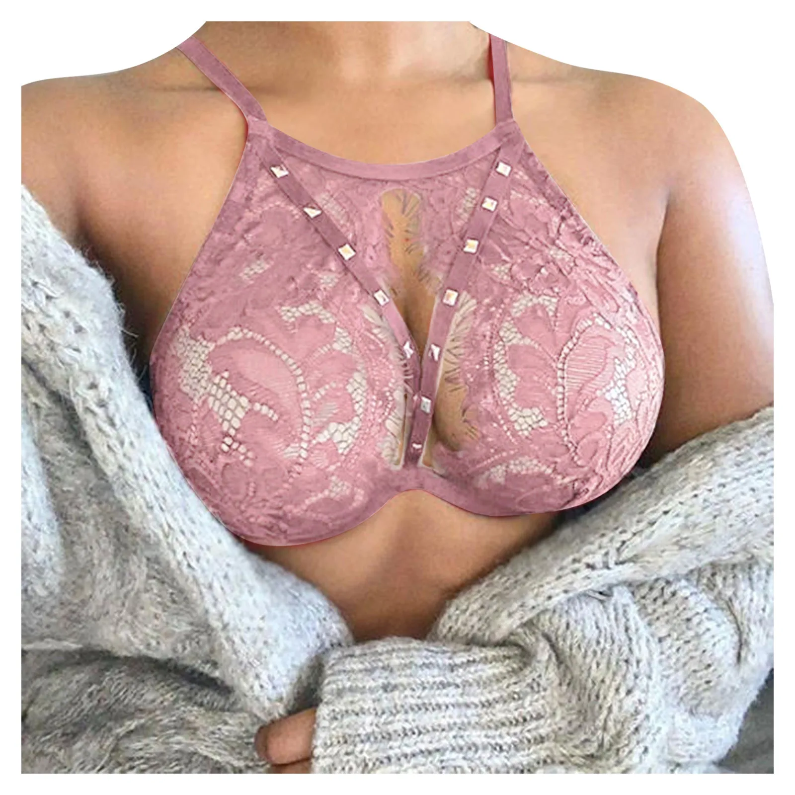 Solid Color Ladies Rivets Push-up Bra Cross Strap Lace Patchwork Hollow Bandage Suspenders women bra,erotic lingerie