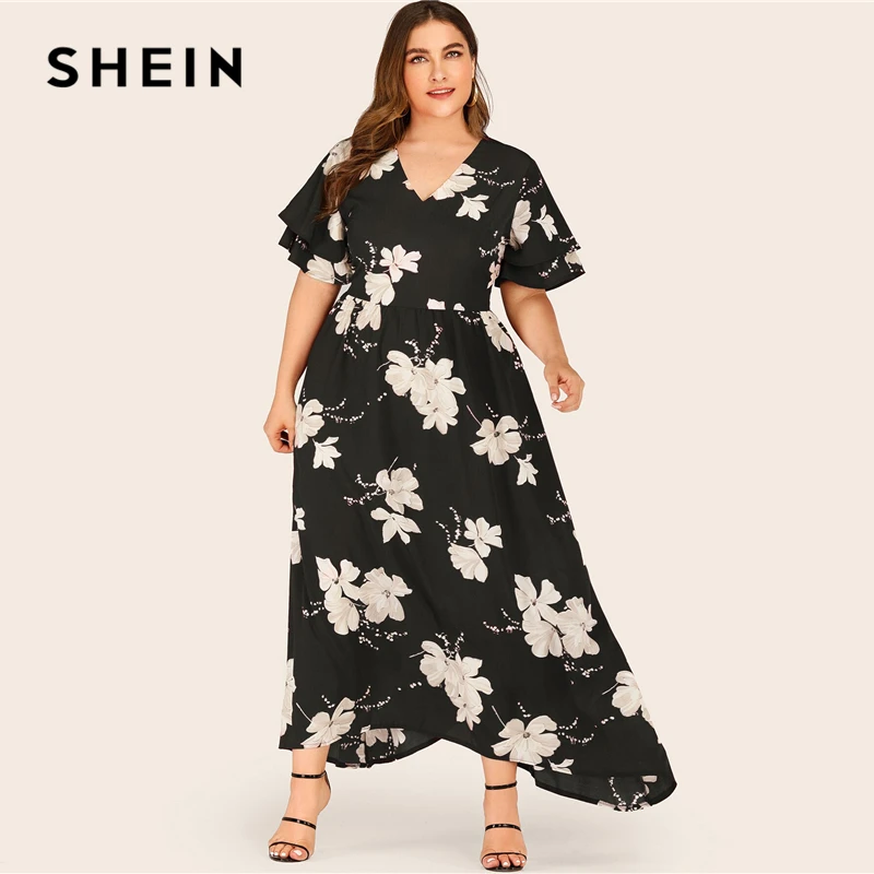 SHEIN Плюс Размер большое Цветочное платье с многослойным рукавом Макси женское летнее осеннее платье с v-образным вырезом с высокой талией и расклешенными повседневными платьями