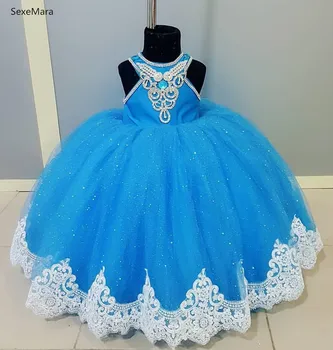 

SexeMara Blue Tulle White Lace Flower Girls Dresses Crystals Ball Gown Little Girl Communion Pageant Dresses Gowns