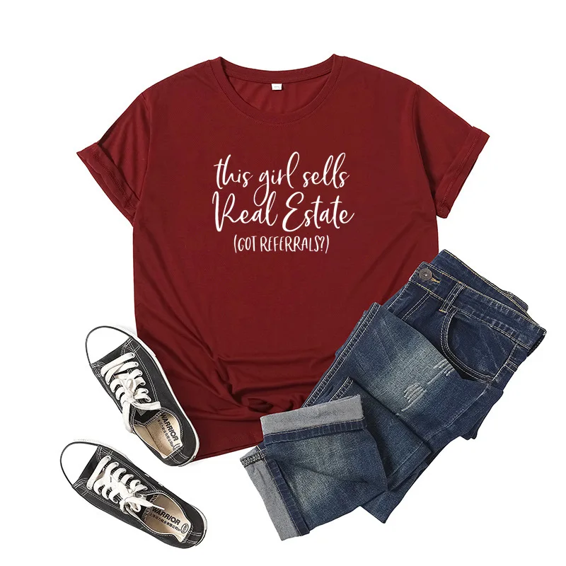 Girl Sells Real Estate Letter Print Women T Shirt Short Sleeve O Neck Loose Women Tshirt Ladies Tee Shirt Tops Camisetas Mujer chrome hearts t shirt Tees