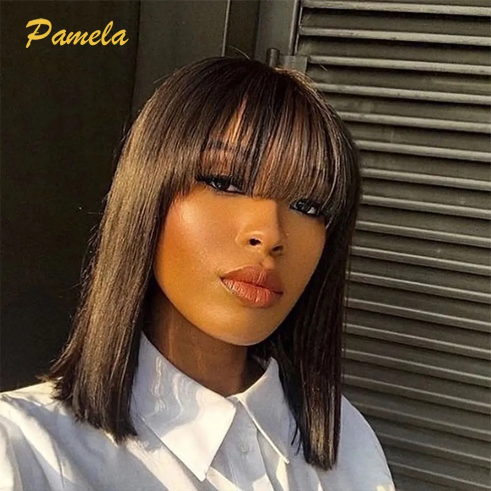 Short Bob13x6 HD Transparent Lace Frontal Glueless Wig Ready To Wear Bone Straight Bob Lace Front Wig With Bangs For Women