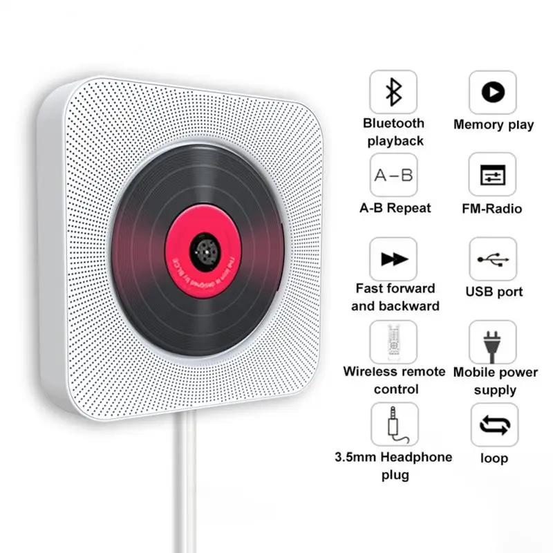 Leitor de cd portátil parede do bluetooth montável cd music player mp3 fm áudio rádio alto-falante estéreo 3.5mm fone de ouvido jack casa