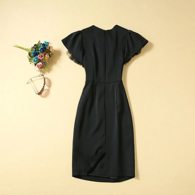 Truevoker Summer Runway Designer Dresses Women's Lace Sleeves Pure Brief Black Knee Length Vestidos