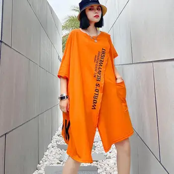 

Z-zoux Women T Shirt Irregular Cotton Letter Black White Orange T Shirt Plus Size Loose Casual Long T Shirt Women Clothes 2020