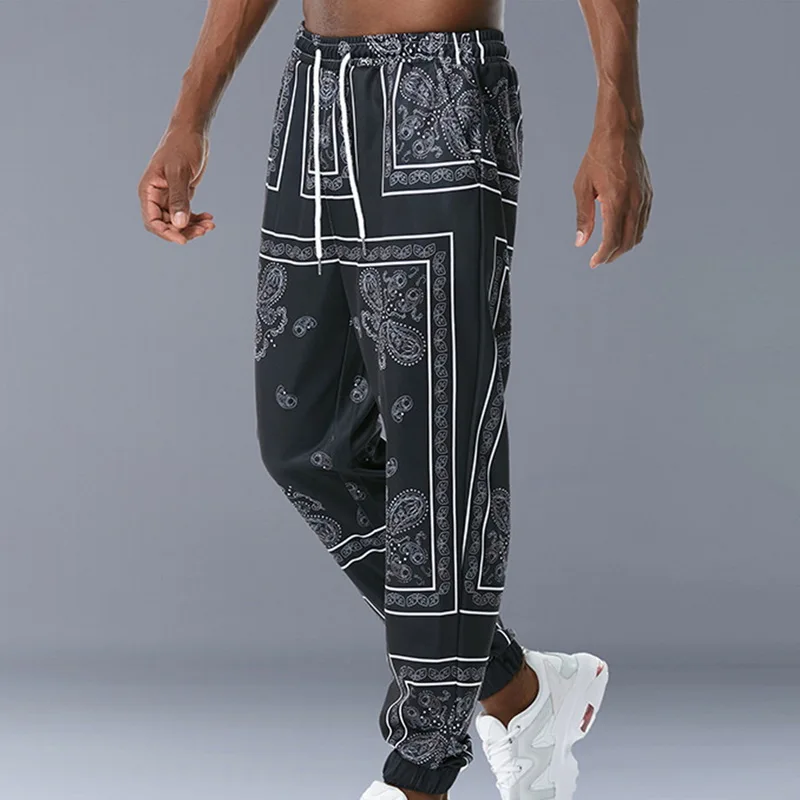 

LOOZYKIT Men Pants Chinese Style Ethnic Style Cotton Printed Loose Elastic Waist Streetwear Trousers Casual Drawstring Pants