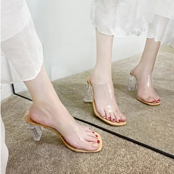 

Women's Fashion Woman Summer Pumps 2020 Ladies Square Toe Slippers Women Transparent High Heels Slides Female Outdoor Shoes