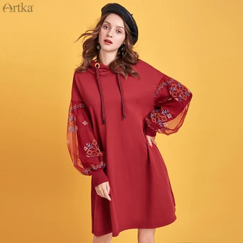 

Artka Autumn Winter New Women Sweatshirt Vintage Mesh Embroidery Sweatshirt Hooded Pullover Long Sweatshirt Dress Va15095D