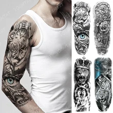 

Large Arm Sleeve Tattoo Rose Gear Clock Eye Waterproof Temporary Tatto Sticker Lion Wolf King Body Art Full Fake Tatoo Women Men