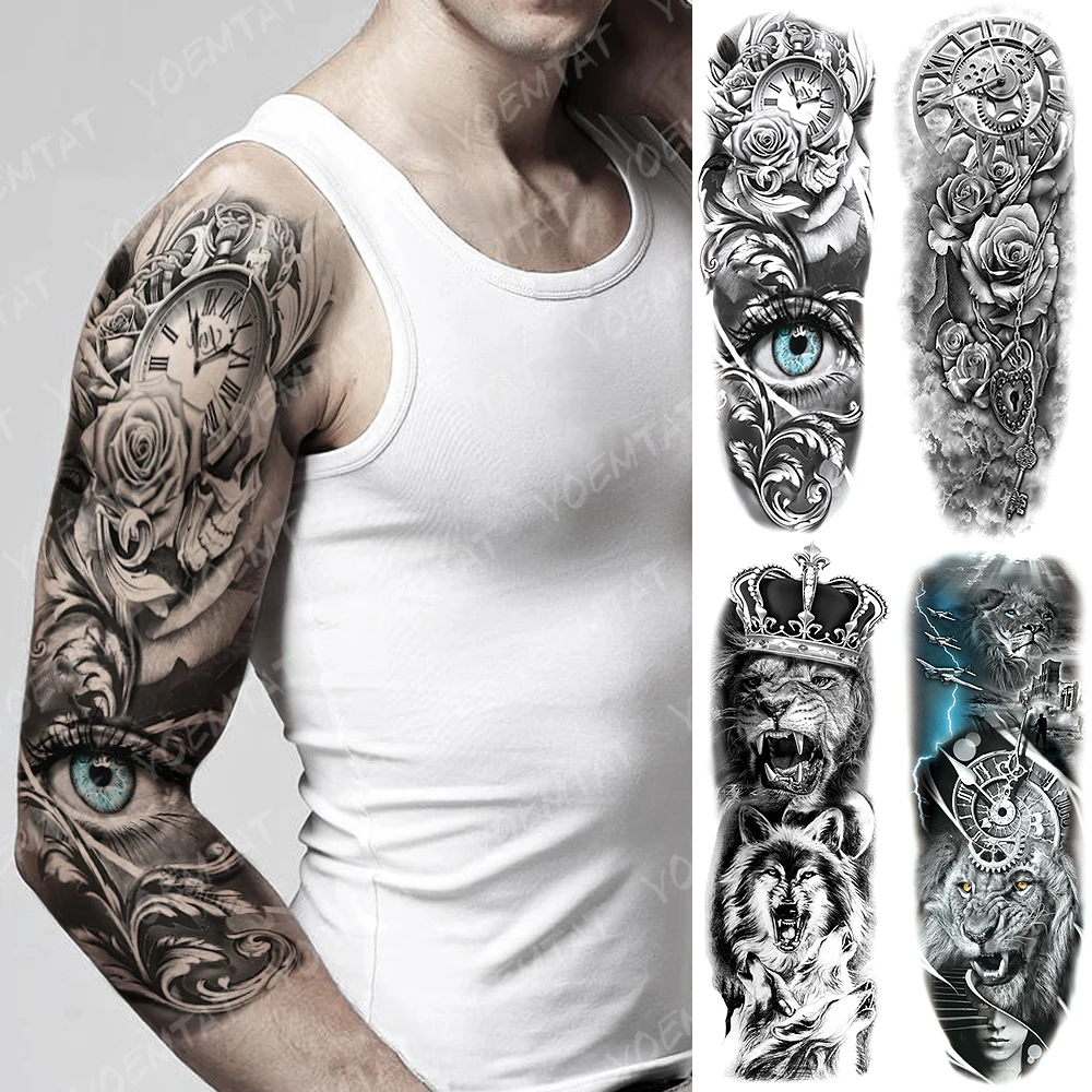 Large Arm Tatto Men Rose Clock Eye Gear Waterproof Temporary Tattoo Sticker Lion Wolf Owl Body Art Totem Fake Sleeve Tatoo Woman - AliExpress