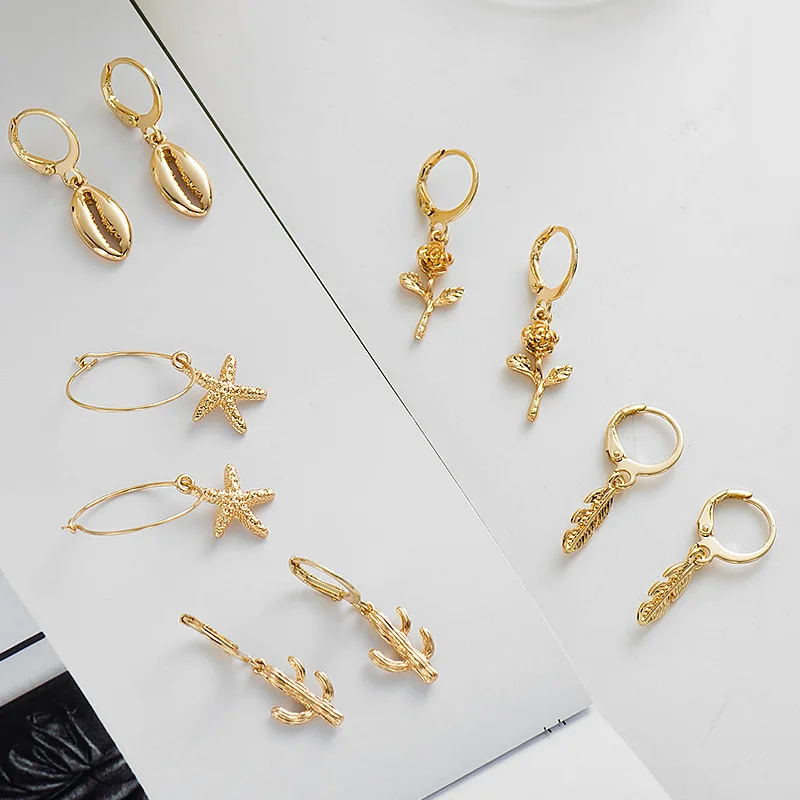 

2019 New Basic Earring Jewelry Starfish Rose Flower Shell Cactus Feather Charm Gold Color Small Hoop Earrings For Women
