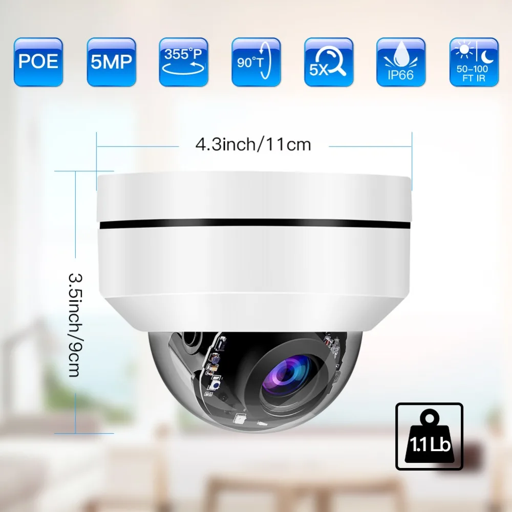 IP Camera 5MP PTZ HD 1080P Outdoor Security Dome Camera 5X Optical Zoom Pan Onvif Network IR Night Security Surveillance IPCam