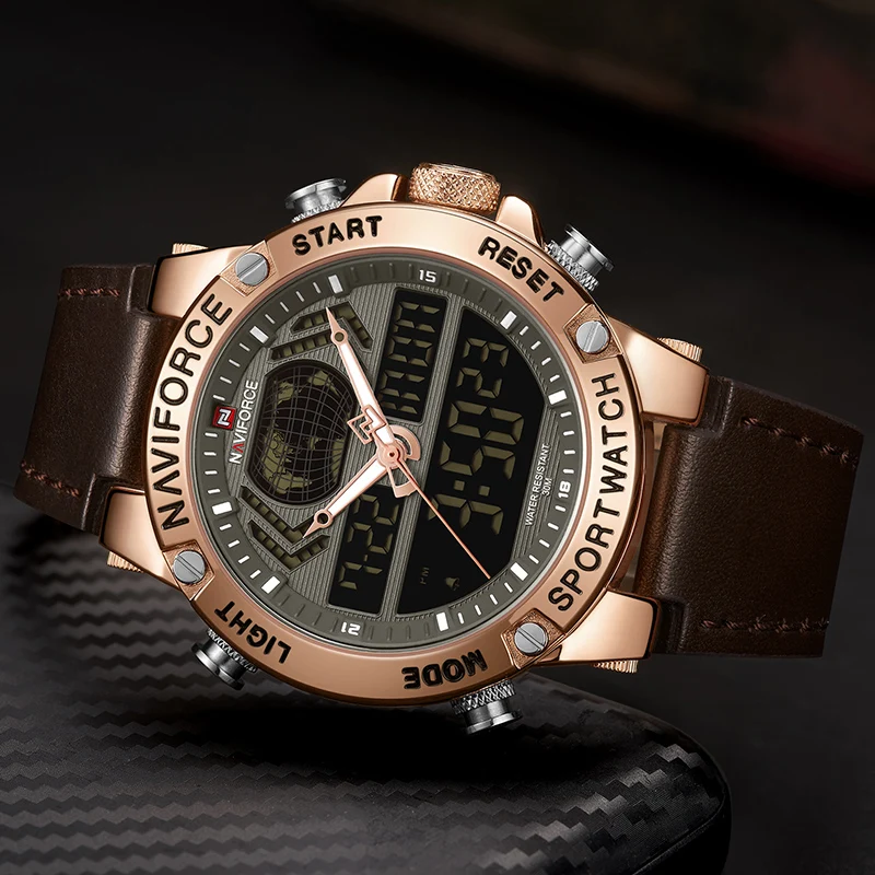  NAVIFORCE Watch Men Top Luxury Brand Leather Waterproof Sports Men’s Watches Quartz Analog Digital 