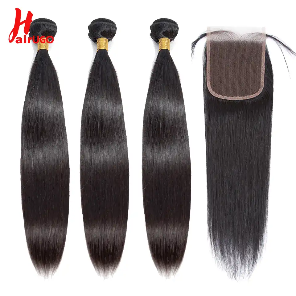 Hairugo Straight Hair Bundles With Closure Brazilian Hair Weave