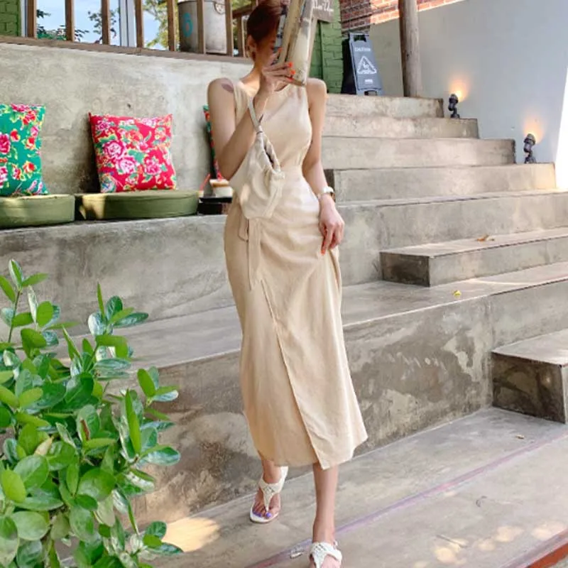 2020 New Summer Vintage Sleeveless Solid Dress For Women Office O Neck Off Shoulder High Waist Bandage Midi Dresses Female