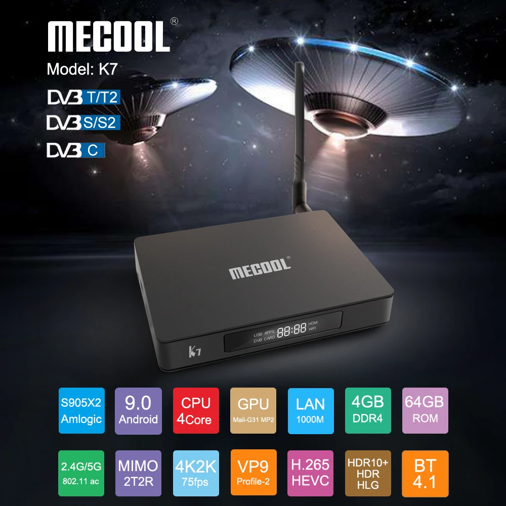 ТВ приставка MECOOL K7 Andriod9.0 DVB S2 T2/T C 4 Гб + 64 Amlogic S905X2 Bluetooth 1 2 4/5G WIFI смарт