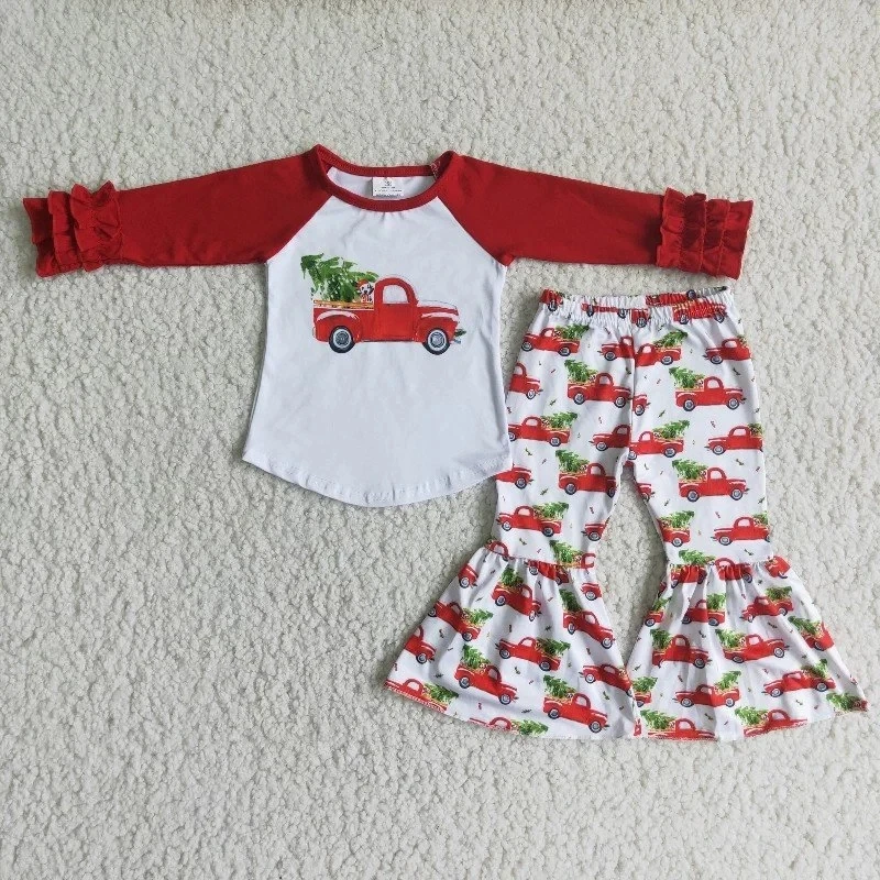 baby Children Clothing Sets Wholesale Baby Girl Christmas Clothes Ruffle Red Tie Dye Long Sleeve Tree Car Bells Pants Outfit Children BoutiqueToddler Set children's clothing sets in bulk Clothing Sets