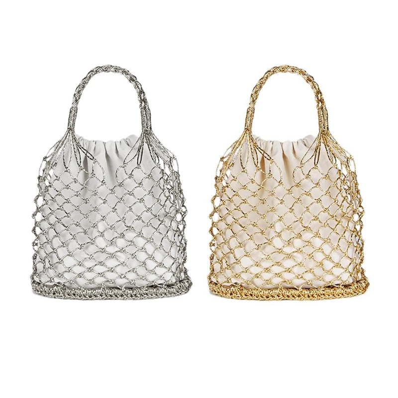 

ABZC-2 Pcs Bright Paper Ropes Hollow Woven Bag Straw Bag Female Reticulate Handbag Netted Beach Bag, Gold & Silver