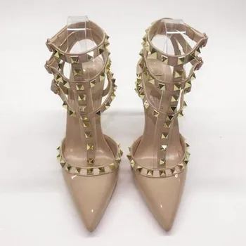 

10cm v Brand Women T Belt Sandal Pumps Thin Heel Strap Wedding Shoes Fashion Rivets Shoes real leather High Heel Shoes 33-45 box