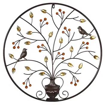 

Wrought Iron Pendant Simple Circle Frame Vase Flower Birds Carved Craft Decor Wall Mounted Hanging Adornment Wall Art Pendant