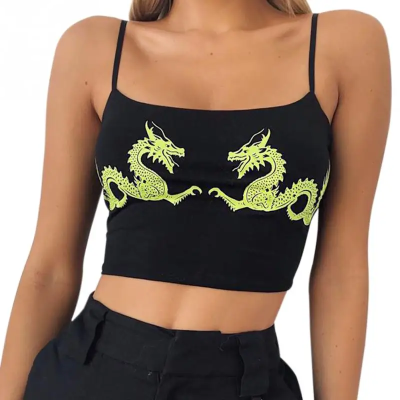 

Women Casual Dragon Pattern Crop Tops Summer Cropped Sexy Tight Attractive Fitness Polyester U Neck Fashion Sleeveless Straps