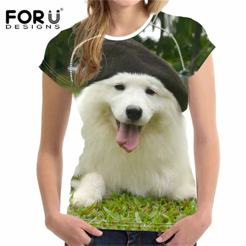 FORUDESIGNS Kawaii Samoyed щенок печатная Футболка для женщин Летняя женская футболка с