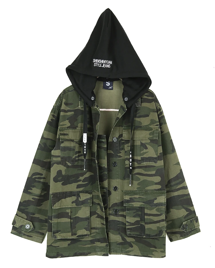 YUZACDWX Chaquetas Mujer Высококачественная армейская зеленая камуфляжная куртка Модные повседневные женские камуфляжные джинсовые пальто с капюшоном уличная