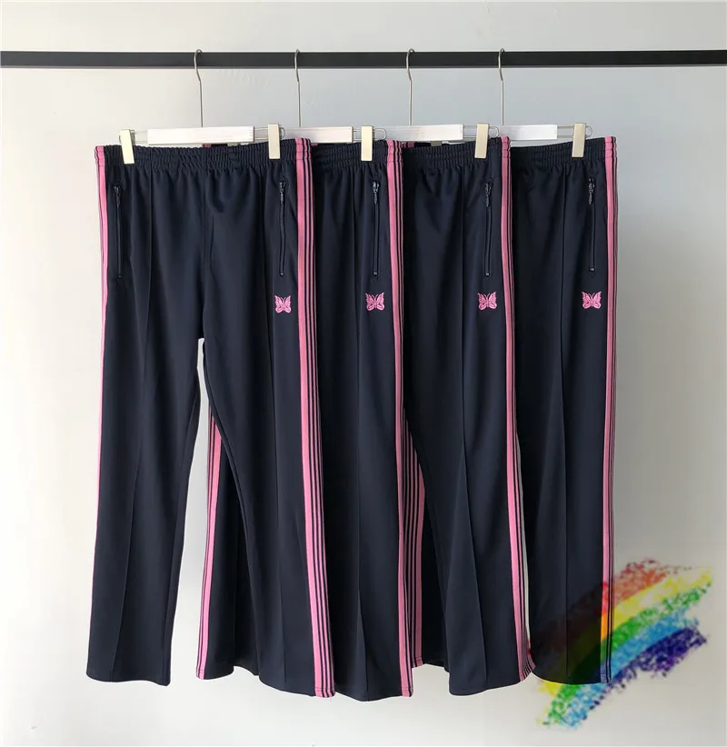 

Black Needles Sweatpants Men Women Top Quality Pink butterfly Embroidery Logo Needles AWGE Pants Hip-Hop AWGE Striped Pants